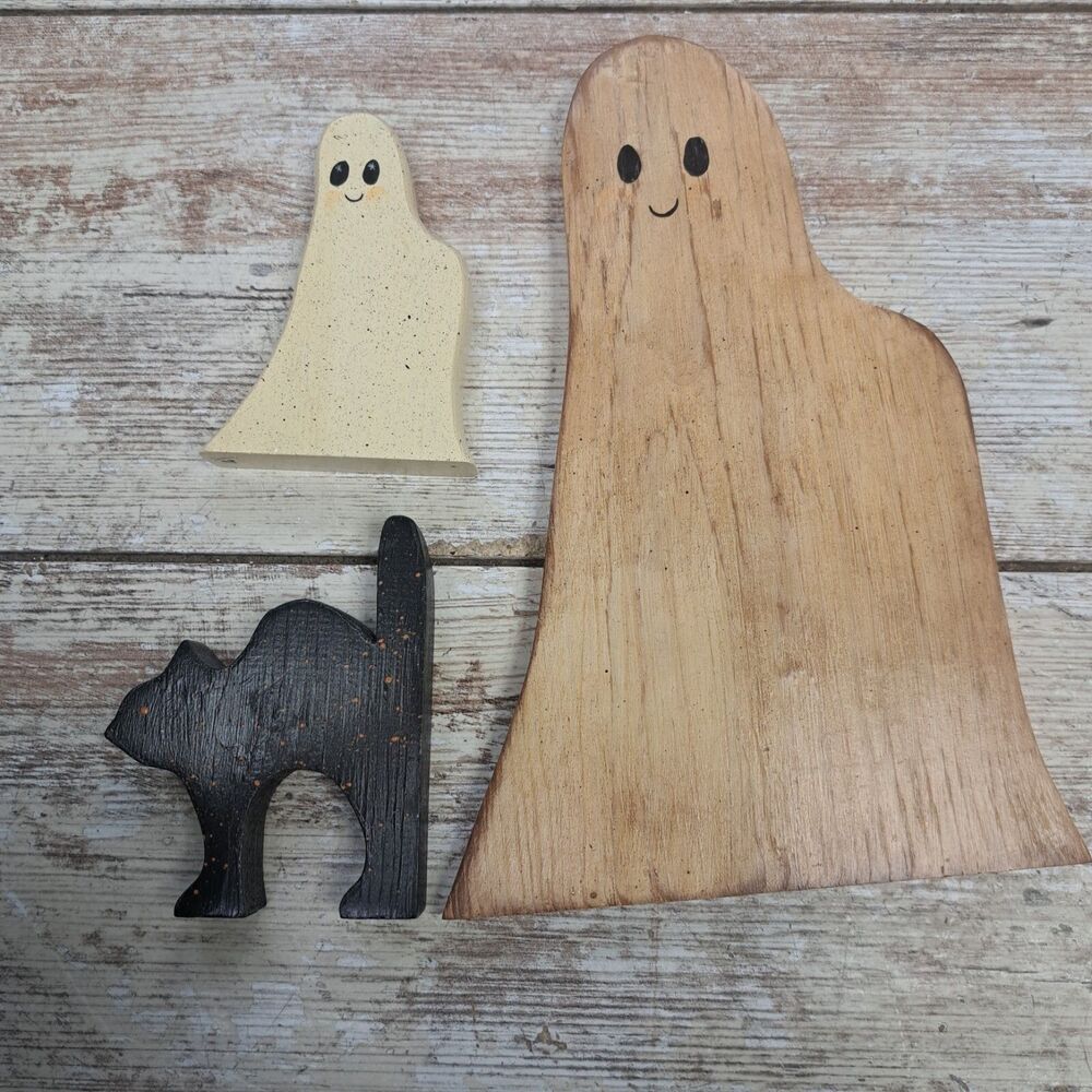 Handmade Wood Carved Painted Halloween Art Deco Decor 3pc Set Ghost Cat Spooky
